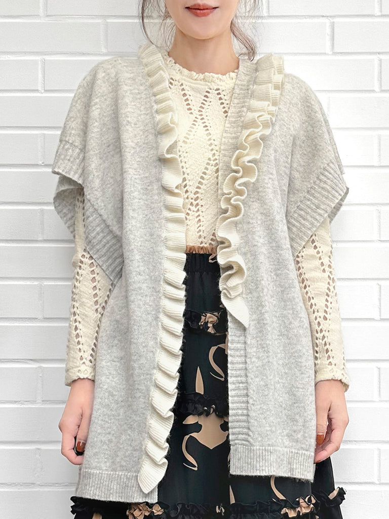 灰色/象牙色不對稱荷葉邊奢華羊毛 Ruana - 圍巾