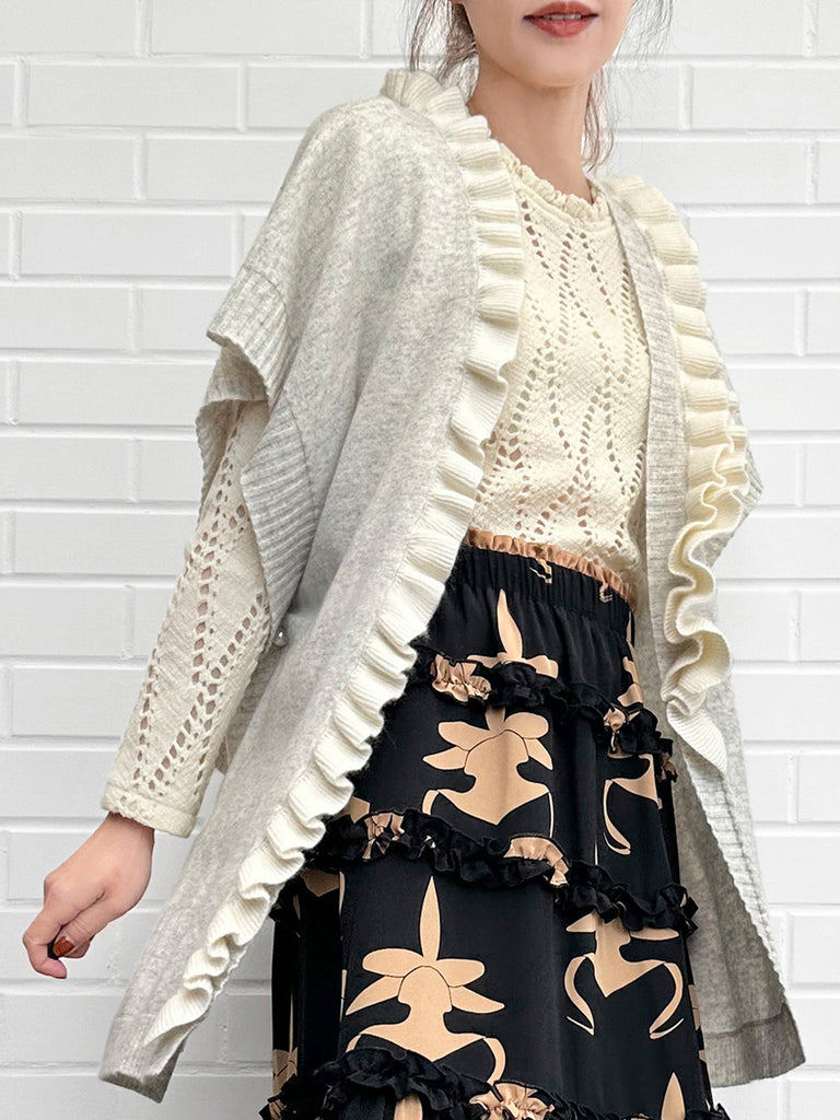 灰色/象牙色不對稱荷葉邊奢華羊毛 Ruana - 圍巾