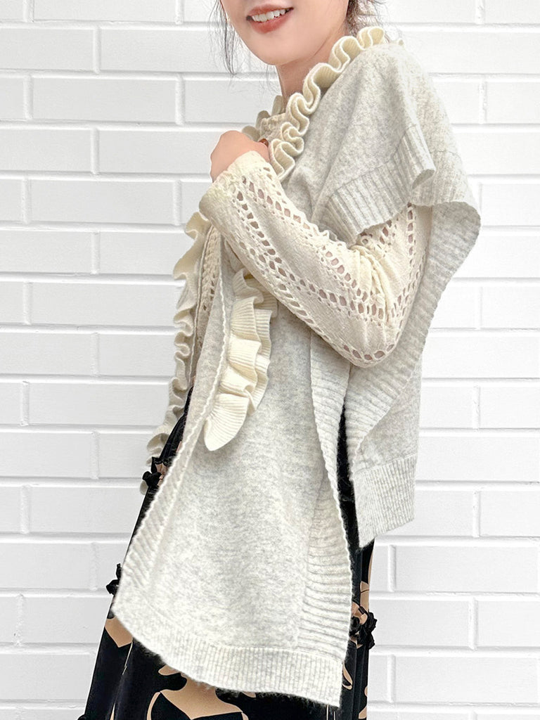 灰色/象牙色不對稱荷葉邊奢華羊毛 Ruana - 圍巾