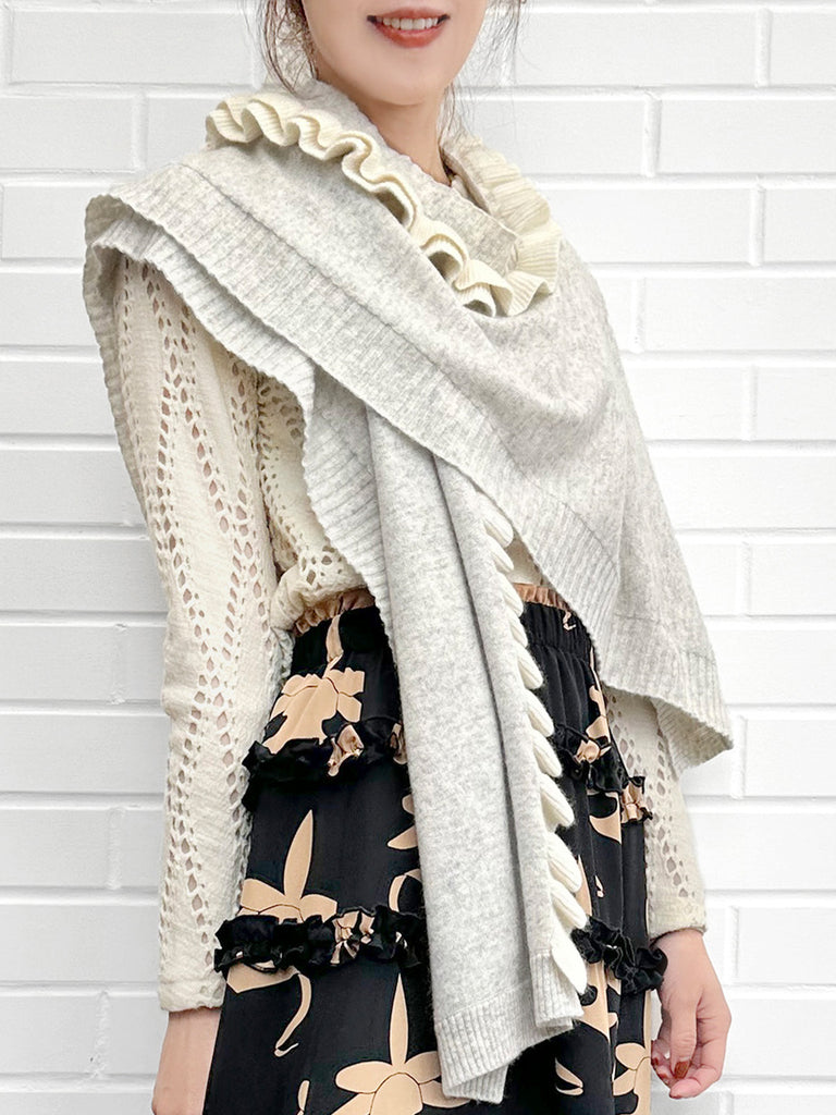 灰色/象牙色不對稱荷葉邊奢華羊毛 Ruana - 圍巾