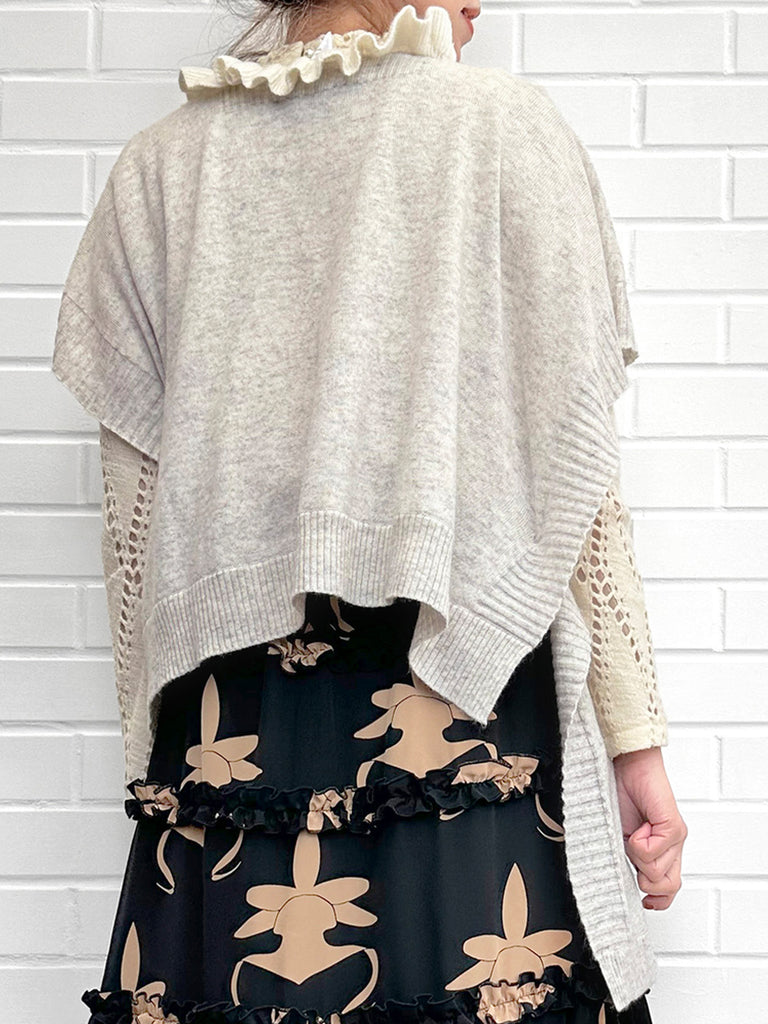 灰色/象牙色不對稱荷葉邊奢華羊毛 Ruana - 圍巾