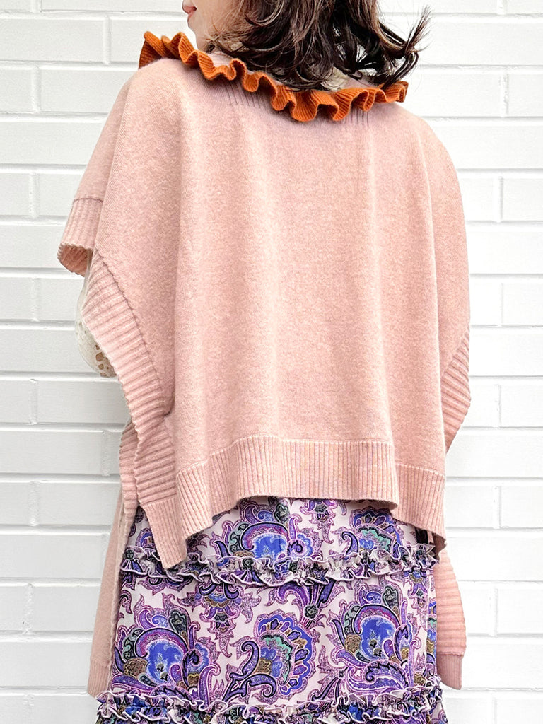 粉紅色/橙色不對稱荷葉邊奢華羊毛 Ruana - 圍巾