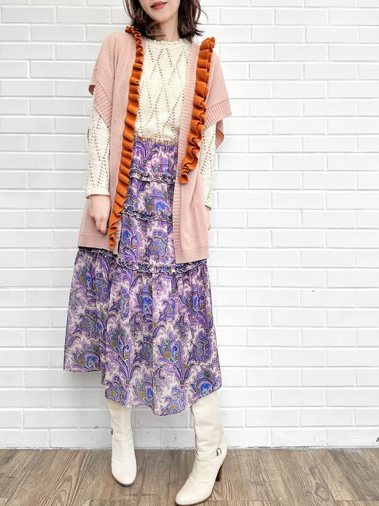 粉紅色/橙色不對稱荷葉邊奢華羊毛 Ruana - 圍巾