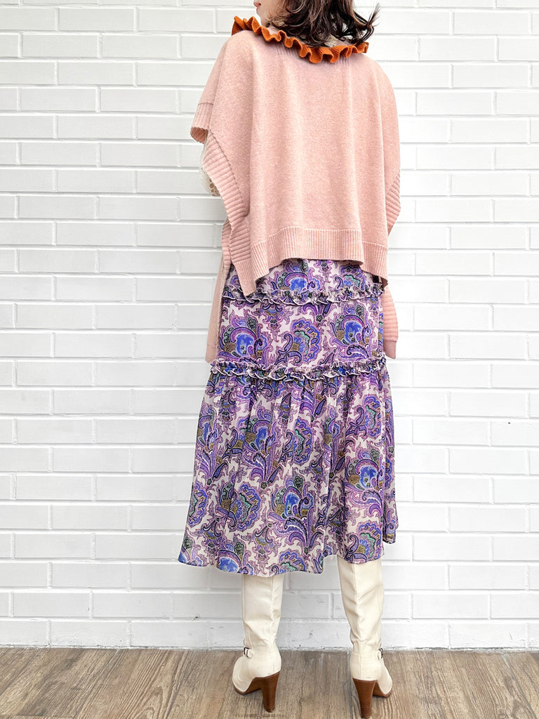 紫色佩斯利褶邊分層雪紡透氣超長半身裙