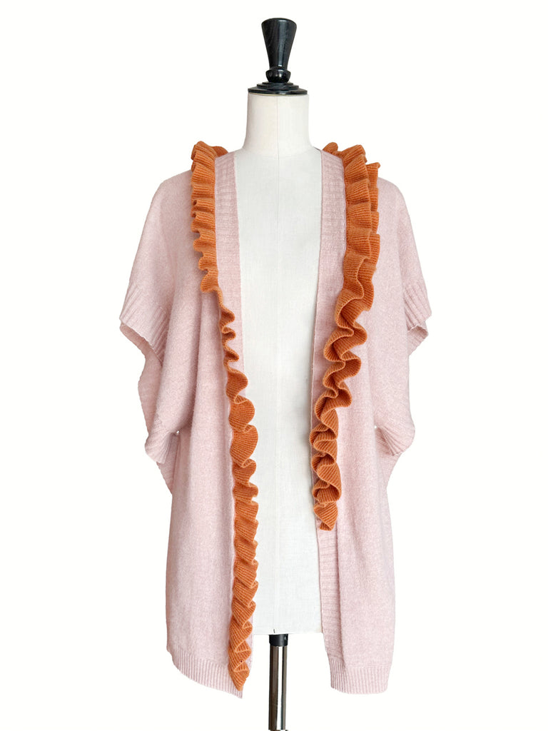 粉紅色/橙色不對稱荷葉邊奢華羊毛 Ruana - 圍巾