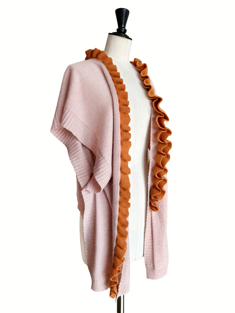 粉紅色/橙色不對稱荷葉邊奢華羊毛 Ruana - 圍巾