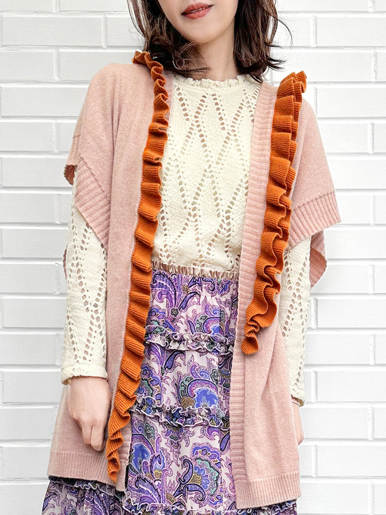 粉紅色/橙色不對稱荷葉邊奢華羊毛 Ruana - 圍巾