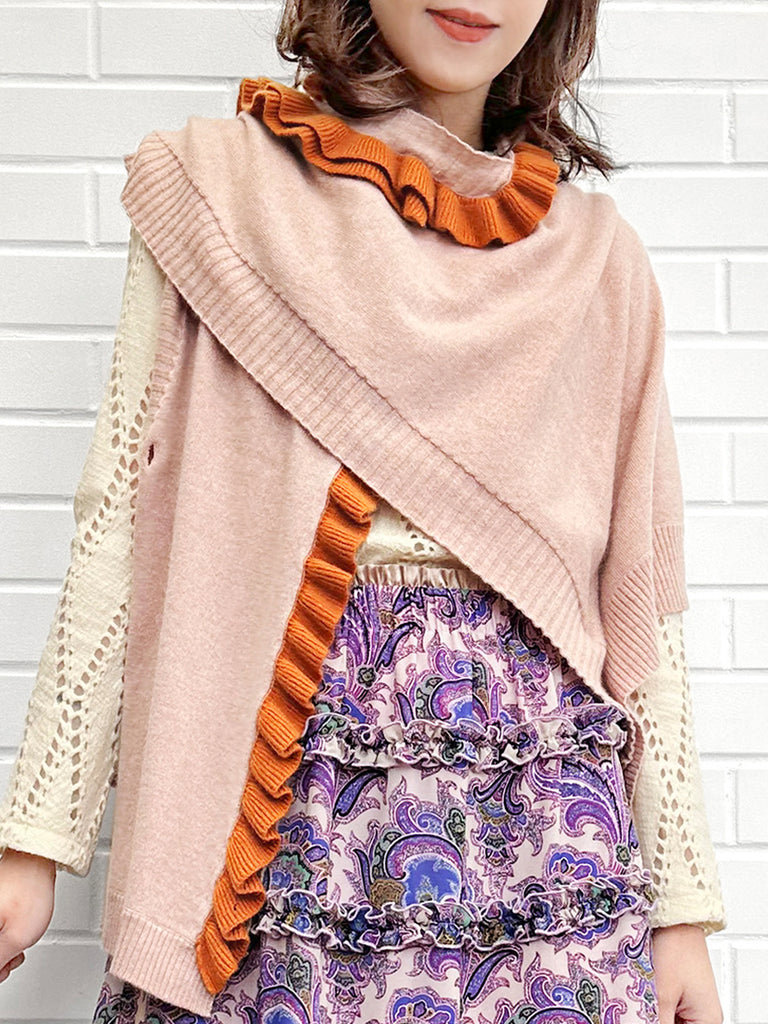 粉紅色/橙色不對稱荷葉邊奢華羊毛 Ruana - 圍巾