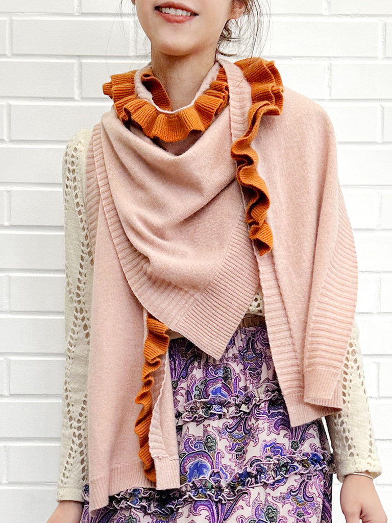 粉紅色/橙色不對稱荷葉邊奢華羊毛 Ruana - 圍巾