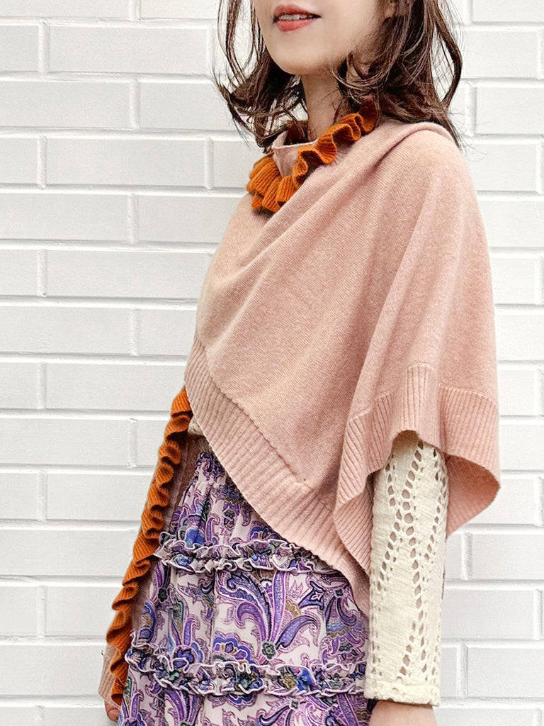 粉紅色/橙色不對稱荷葉邊奢華羊毛 Ruana - 圍巾
