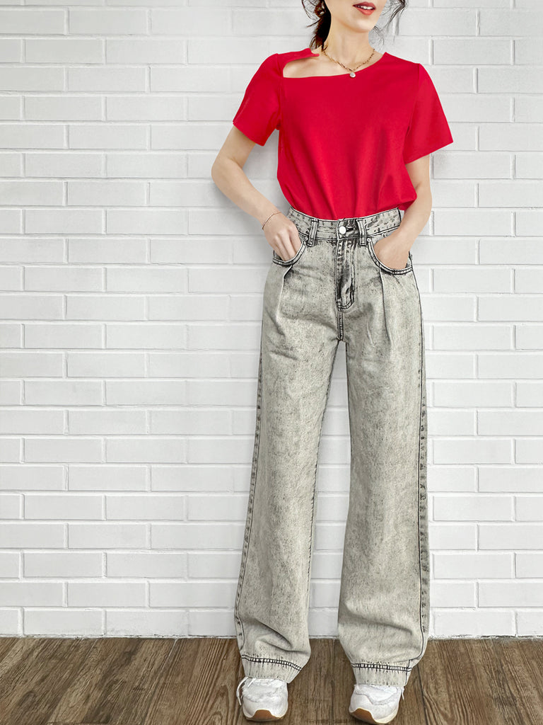 Final Sale! Red Cut Out Collar Structure Cotton Blend Tee