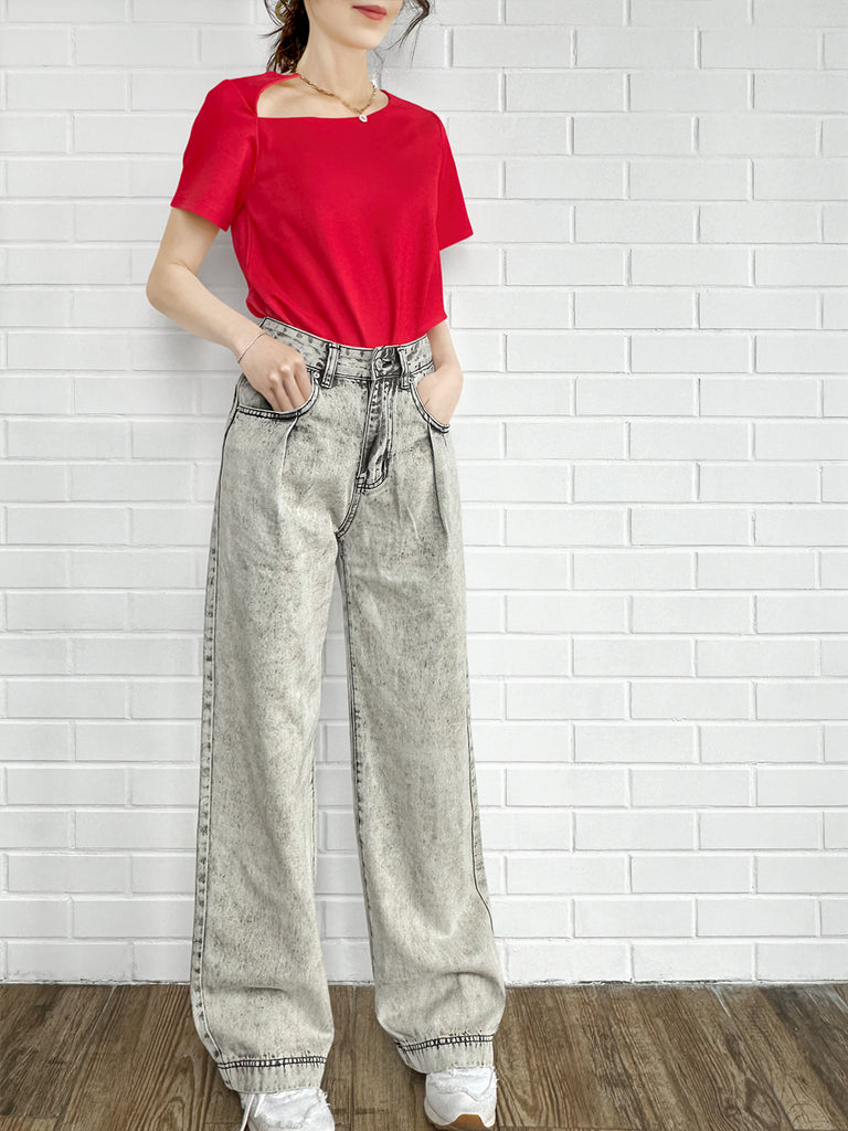 Final Sale! Red Cut Out Collar Structure Cotton Blend Tee