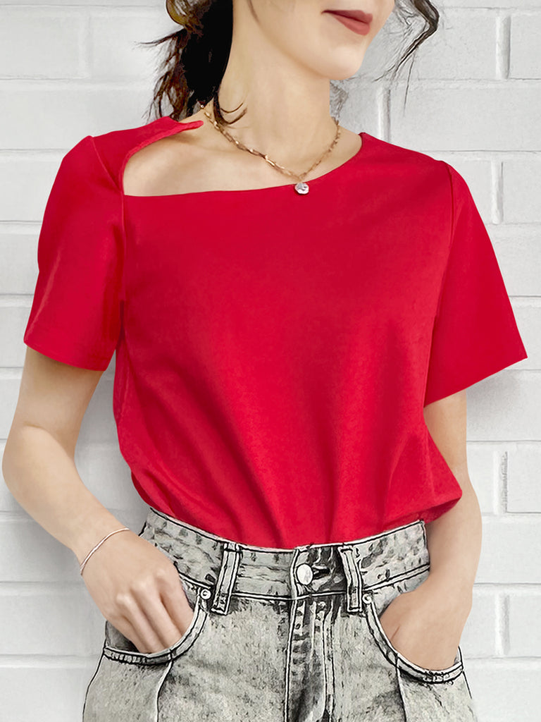Final Sale! Red Cut Out Collar Structure Cotton Blend Tee