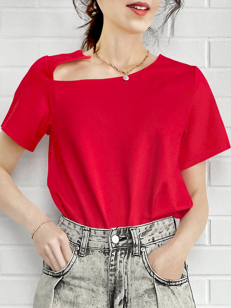Final Sale! Red Cut Out Collar Structure Cotton Blend Tee