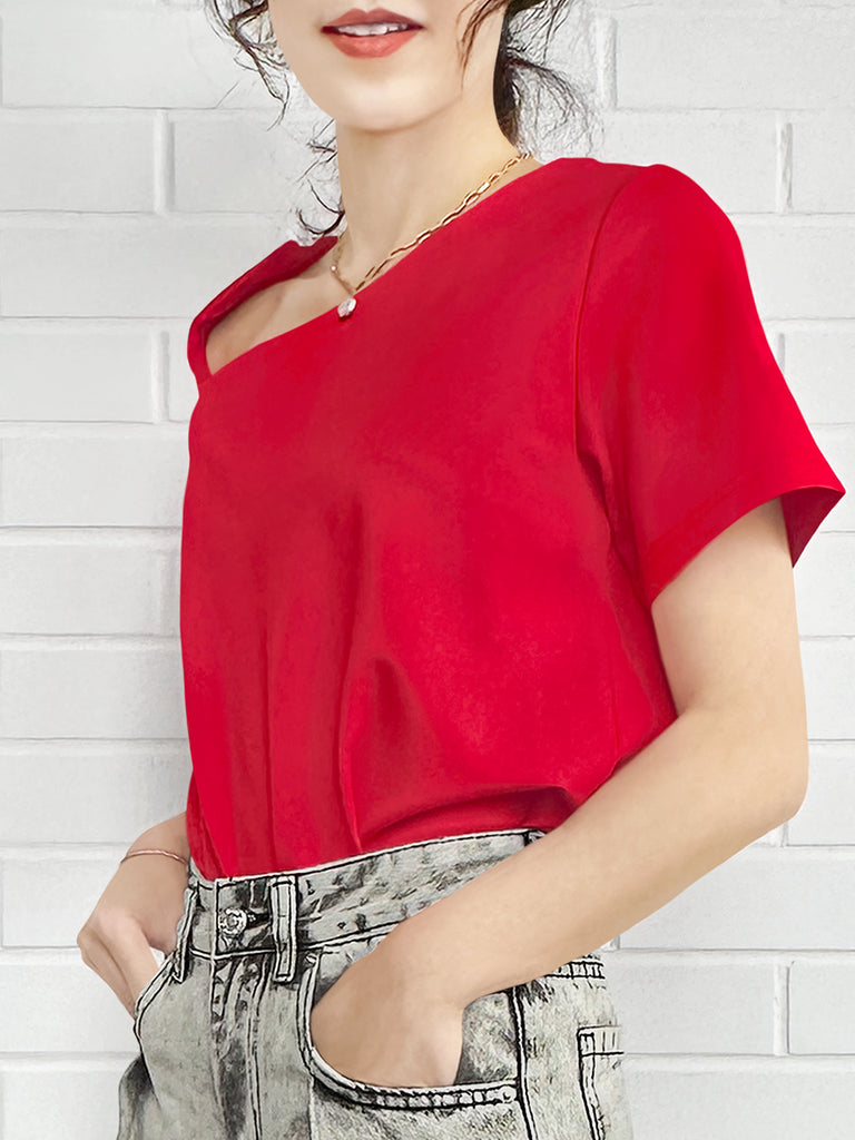 Final Sale! Red Cut Out Collar Structure Cotton Blend Tee