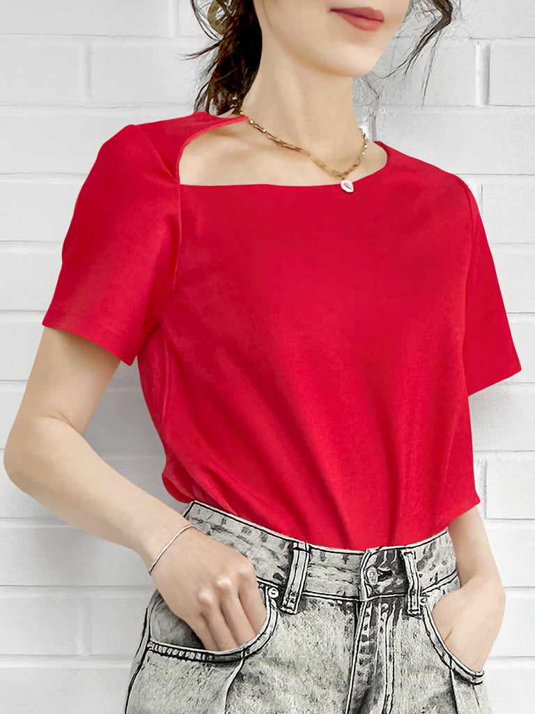 Final Sale! Red Cut Out Collar Structure Cotton Blend Tee