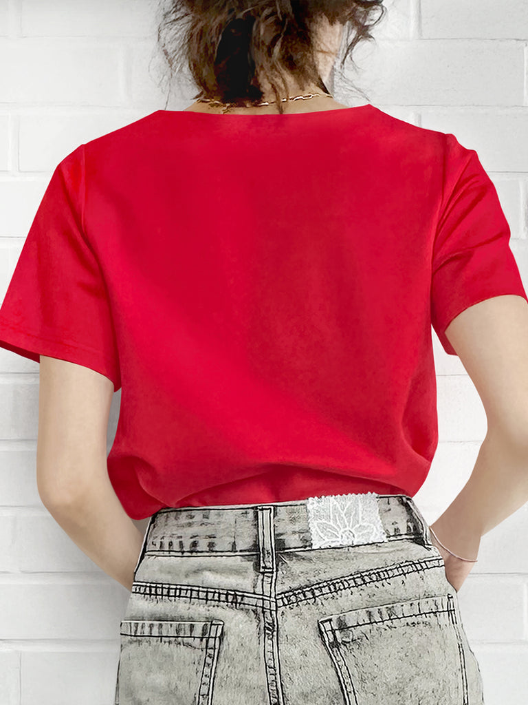 Final Sale! Red Cut Out Collar Structure Cotton Blend Tee