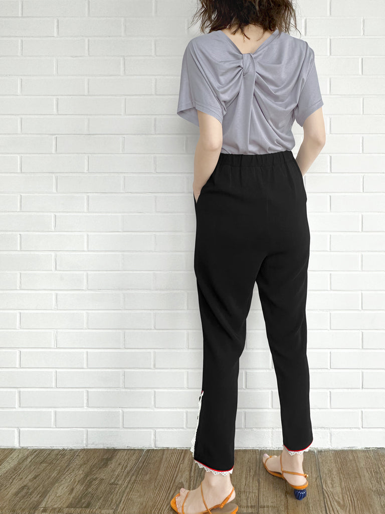 Final Sale! Black Contrast Piping Lace Detail Tapered Ankle Trousers