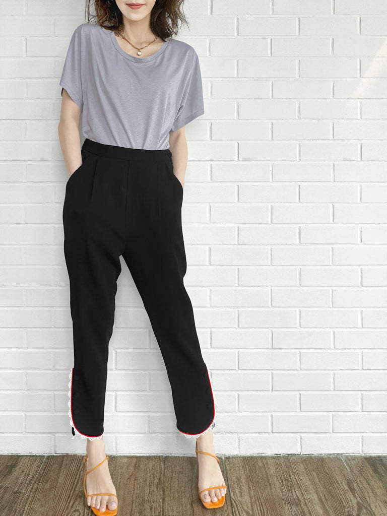 Final Sale! Black Contrast Piping Lace Detail Tapered Ankle Trousers