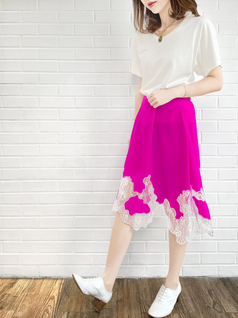 Final Sale! Fuchsia Silk Asymmetric Lace Trim Knee Length A-line Skirt