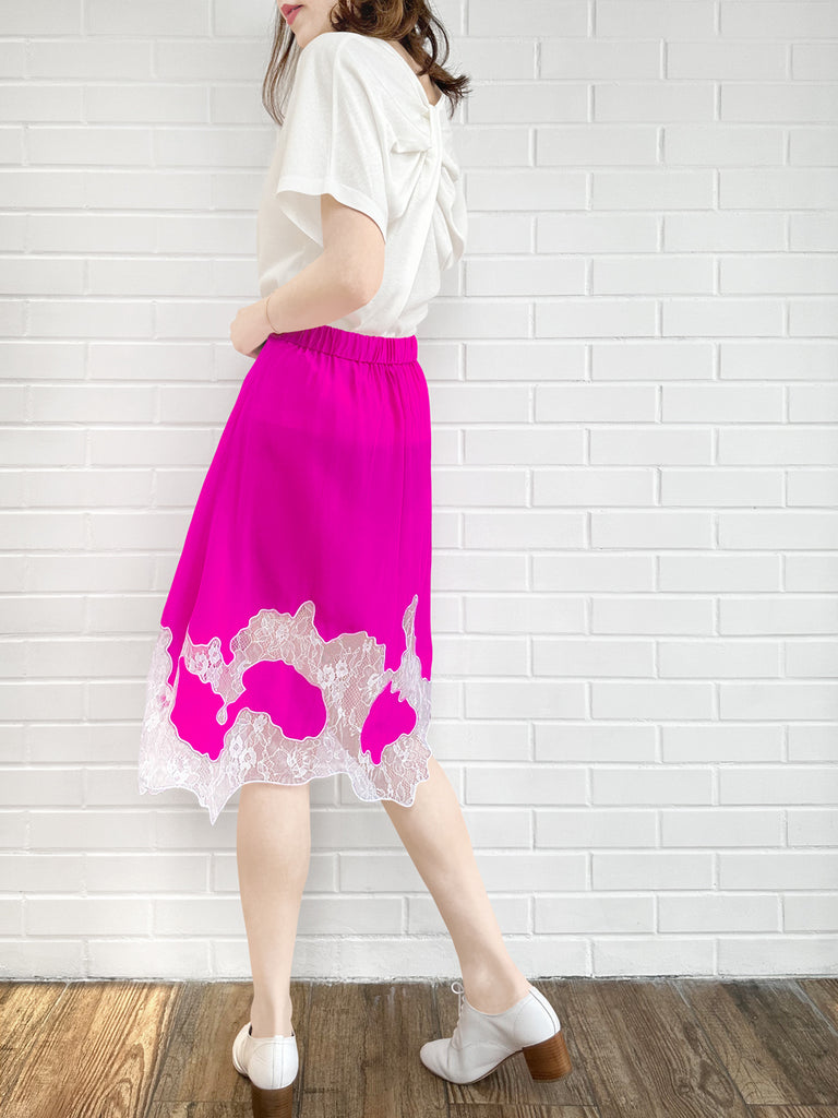 Final Sale! Fuchsia Silk Asymmetric Lace Trim Knee Length A-line Skirt