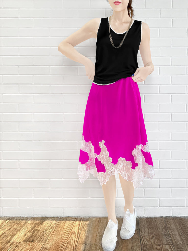 Final Sale! Fuchsia Silk Asymmetric Lace Trim Knee Length A-line Skirt