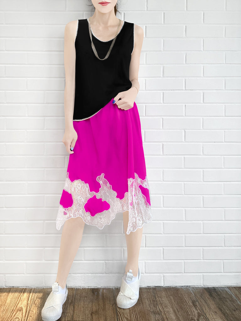 Final Sale! Fuchsia Silk Asymmetric Lace Trim Knee Length A-line Skirt