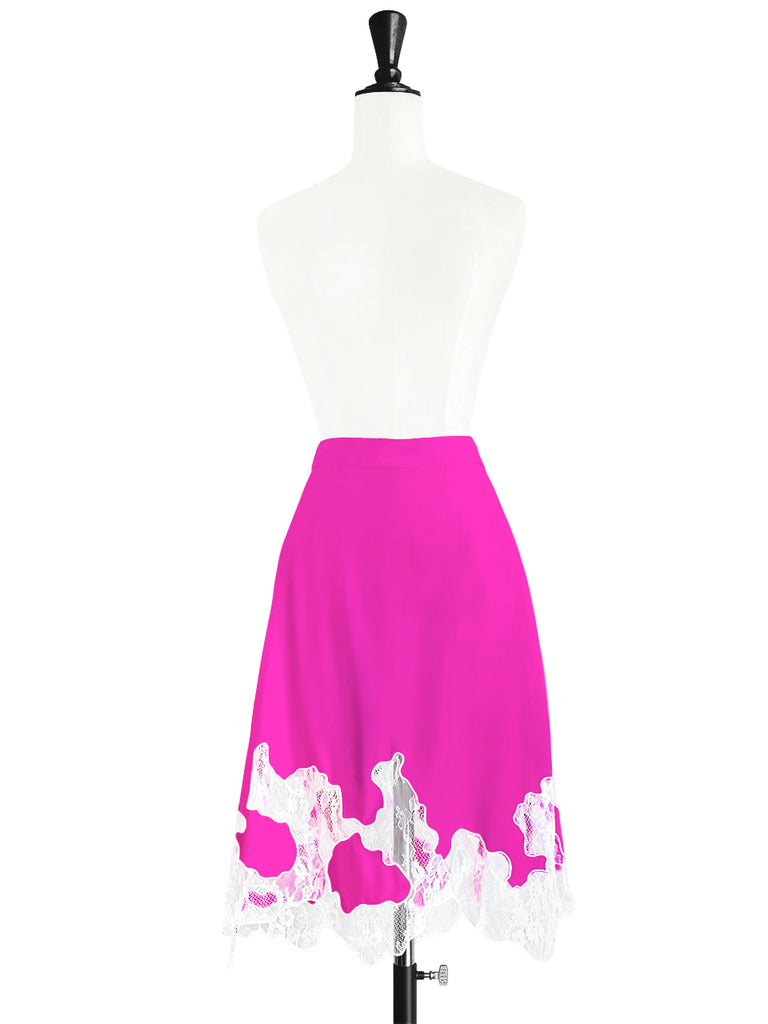 Final Sale! Fuchsia Silk Asymmetric Lace Trim Knee Length A-line Skirt