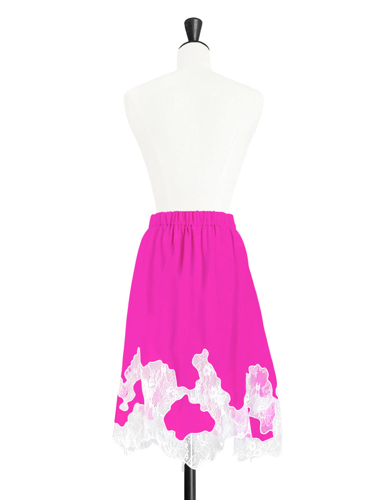 Final Sale! Fuchsia Silk Asymmetric Lace Trim Knee Length A-line Skirt
