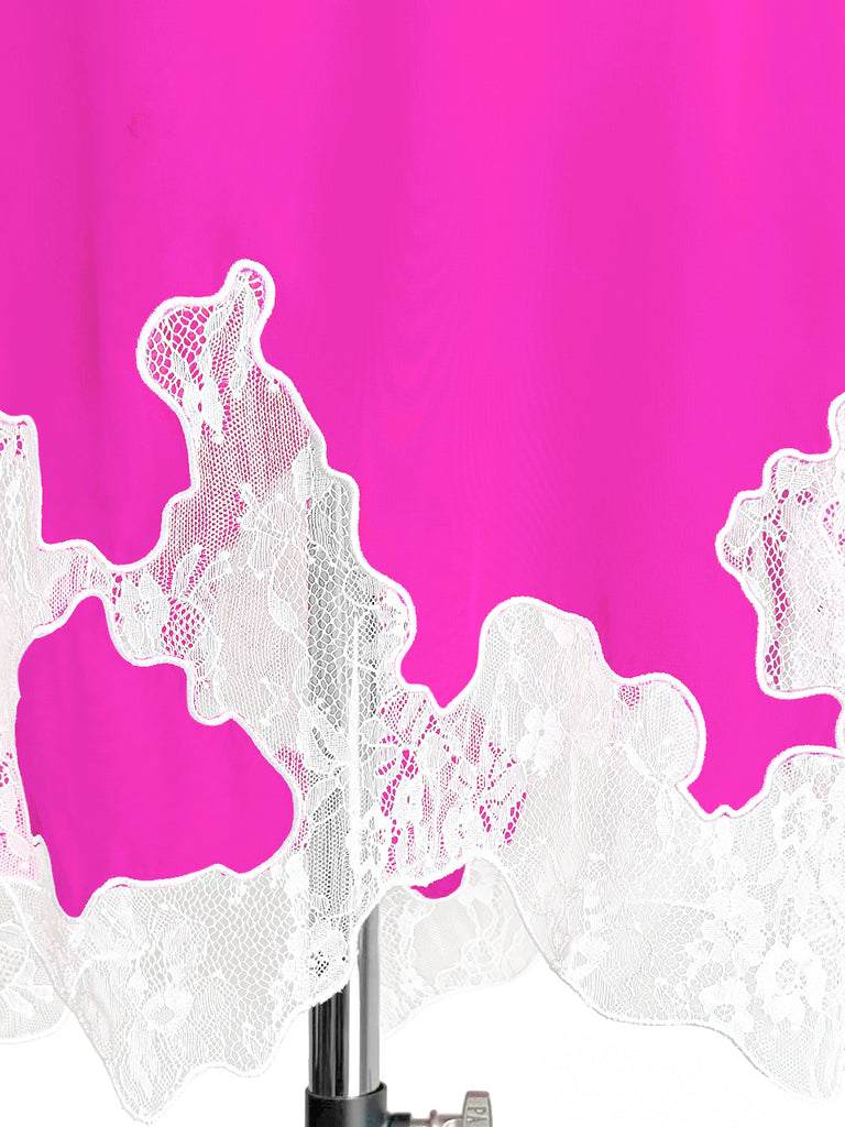 Final Sale! Fuchsia Silk Asymmetric Lace Trim Knee Length A-line Skirt