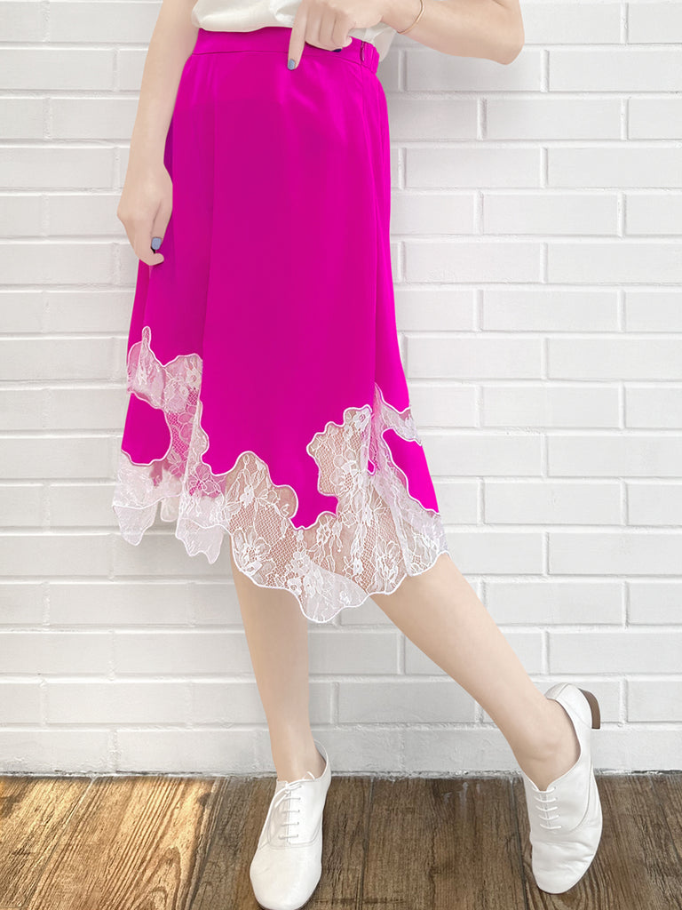 Final Sale! Fuchsia Silk Asymmetric Lace Trim Knee Length A-line Skirt