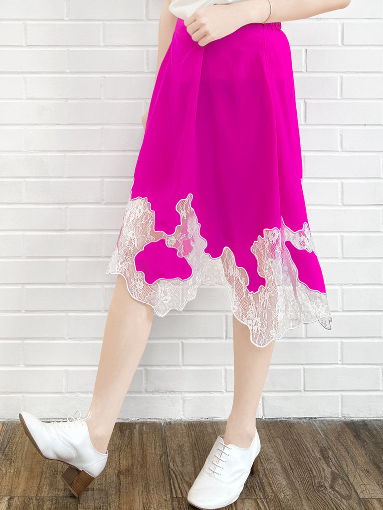 Final Sale! Fuchsia Silk Asymmetric Lace Trim Knee Length A-line Skirt