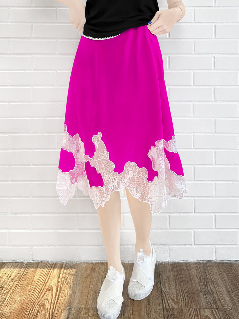 Final Sale! Fuchsia Silk Asymmetric Lace Trim Knee Length A-line Skirt