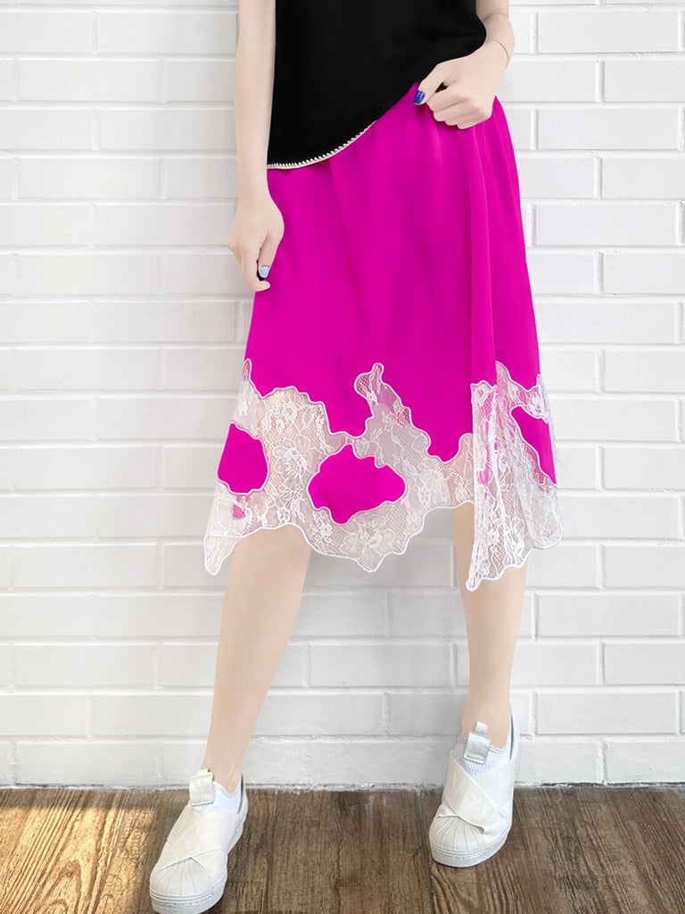 Final Sale! Fuchsia Silk Asymmetric Lace Trim Knee Length A-line Skirt