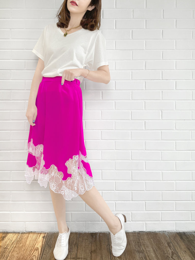 Final Sale! Fuchsia Silk Asymmetric Lace Trim Knee Length A-line Skirt