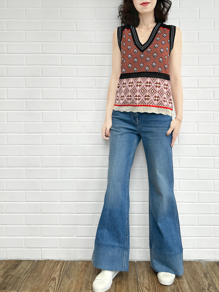 栗色馬賽克圖案針織無袖V領毛衣