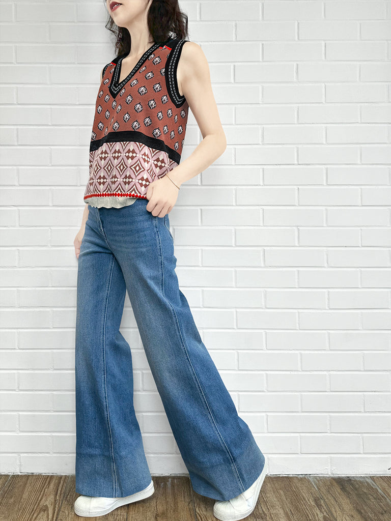 栗色馬賽克圖案針織無袖V領毛衣