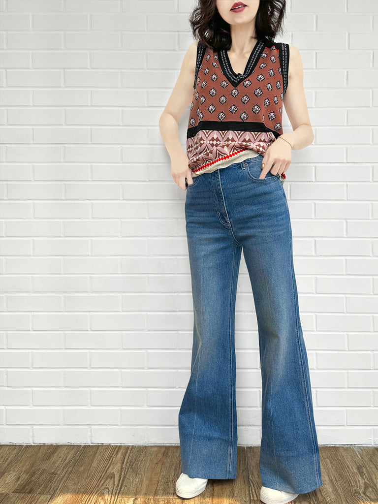 栗色馬賽克圖案針織無袖V領毛衣