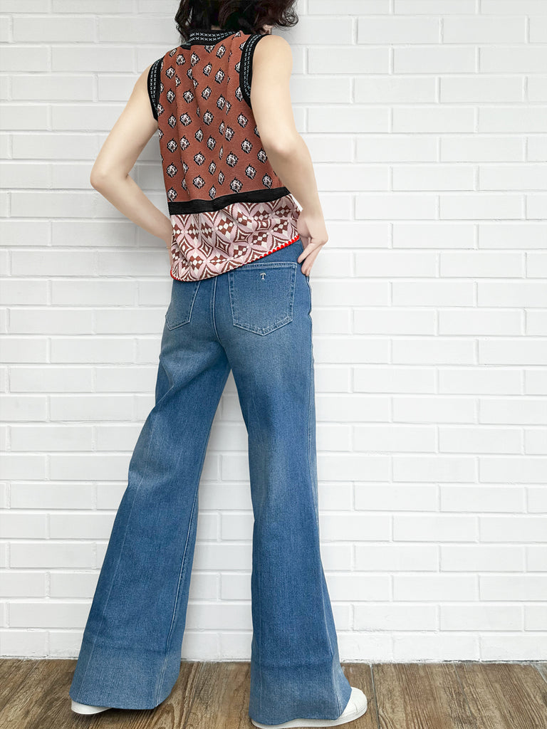 栗色馬賽克圖案針織無袖V領毛衣