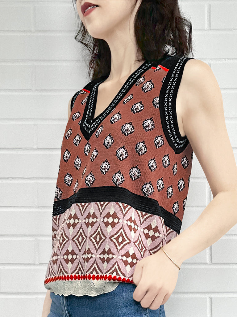 栗色馬賽克圖案針織無袖V領毛衣