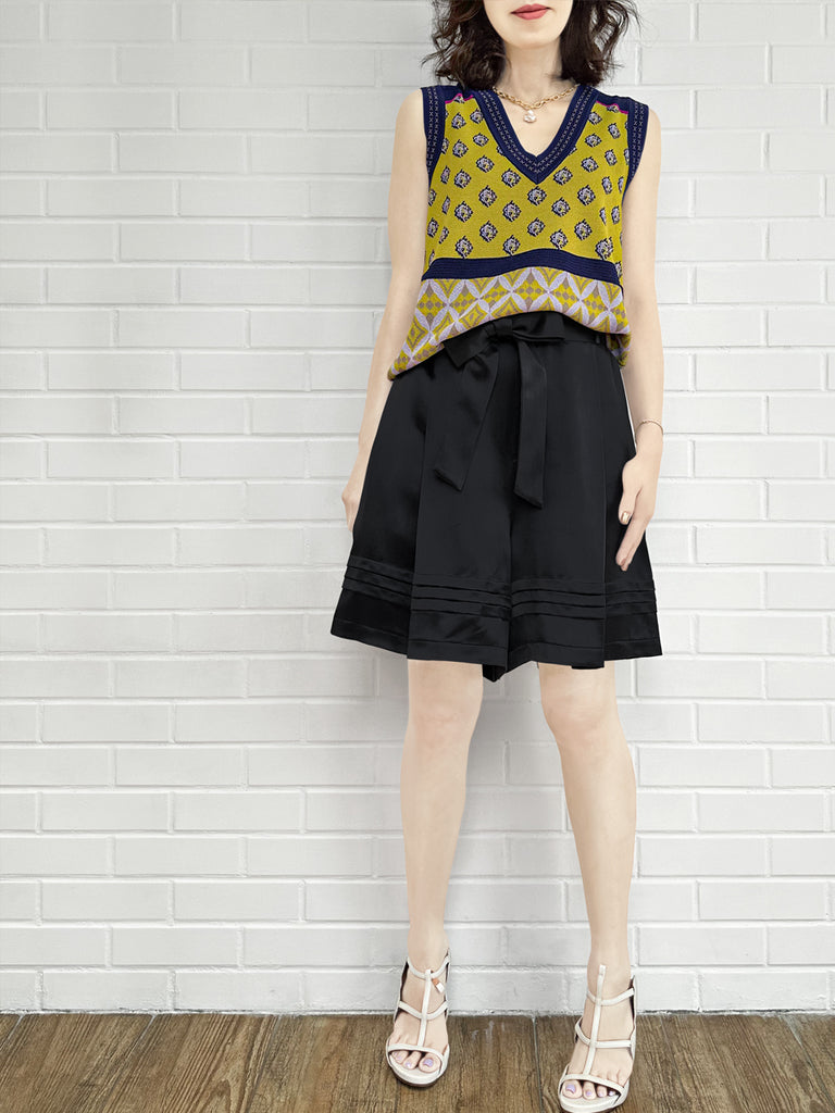 柚子黃馬賽克圖案針織無袖V領毛衣