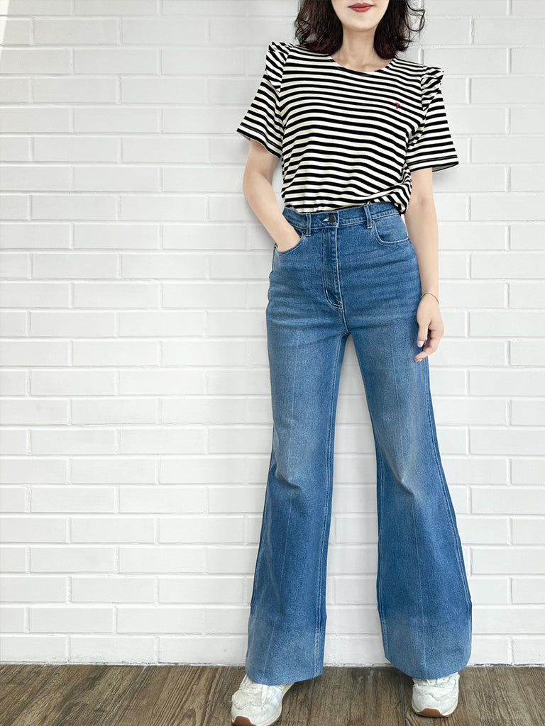 復古藍色中水洗喇叭形標誌刺繡牛仔褲