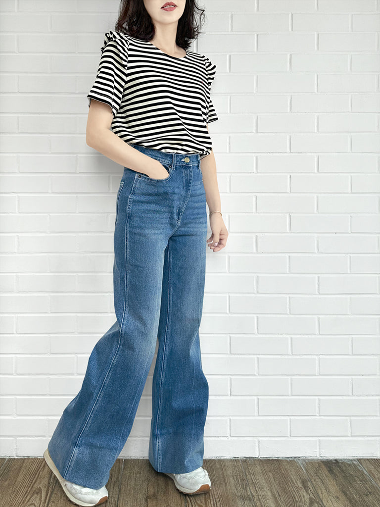 復古藍色中水洗喇叭形標誌刺繡牛仔褲