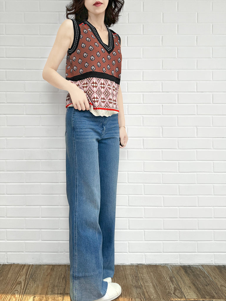 復古藍色中水洗喇叭形標誌刺繡牛仔褲