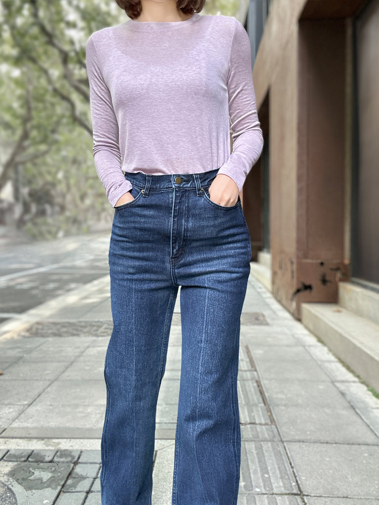 Dark Blue Mid Wash Flared Logo Embroidery Jeans