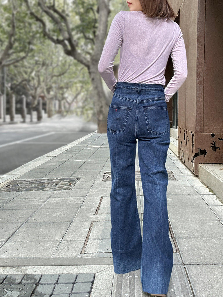 Dark Blue Mid Wash Flared Logo Embroidery Jeans