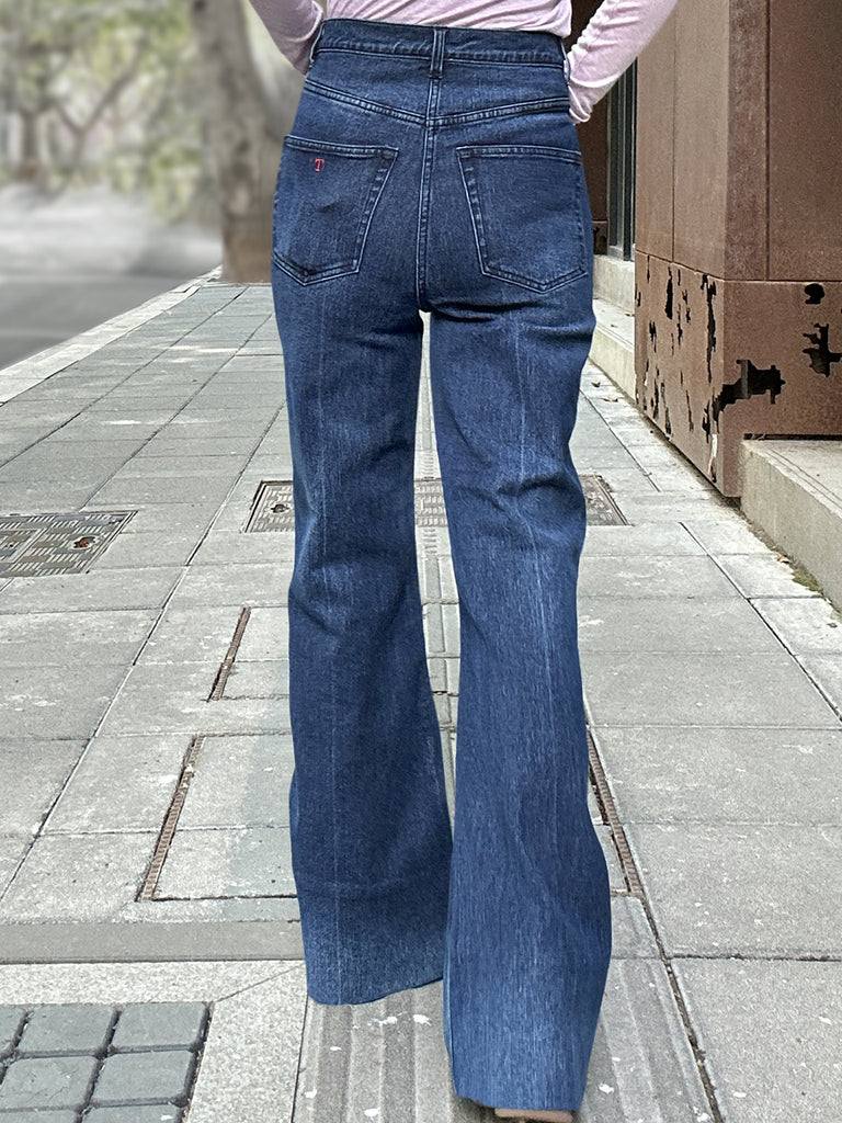 Dark Blue Mid Wash Flared Logo Embroidery Jeans
