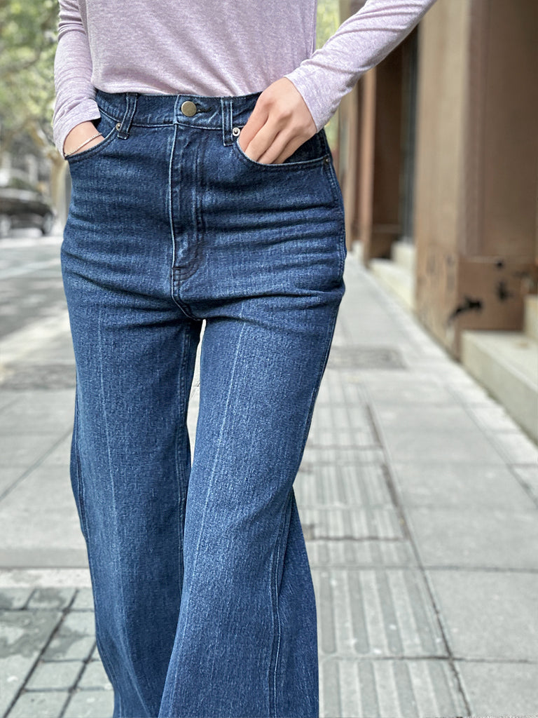 Dark Blue Mid Wash Flared Logo Embroidery Jeans