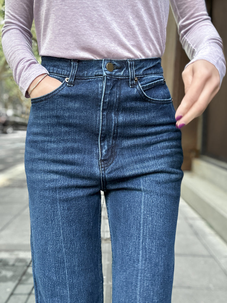 Dark Blue Mid Wash Flared Logo Embroidery Jeans