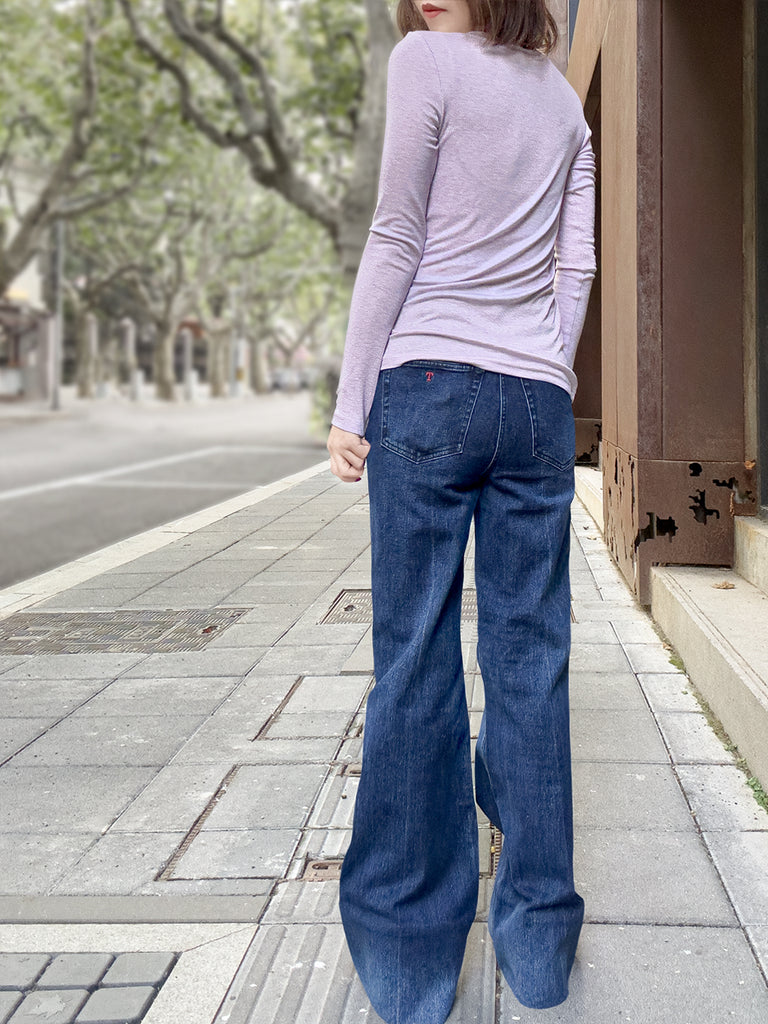 Dark Blue Mid Wash Flared Logo Embroidery Jeans